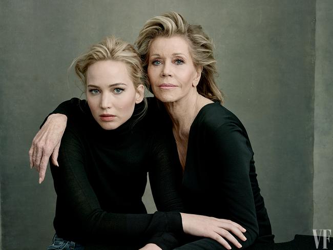 Also appearing as part of the Hollywood Issue... Jennifer Lawrence and Jane Fonda pose together for the shoot. Picture: Annie Leibovitz for Vanity Fair