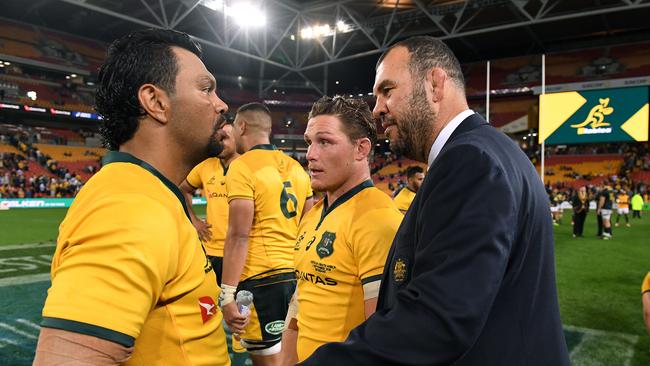 Wallabies coach Michael Cheika reacts with Kurtley Beale following the Rugby Championship match between Australia and South Africa. Picture: AAP Image