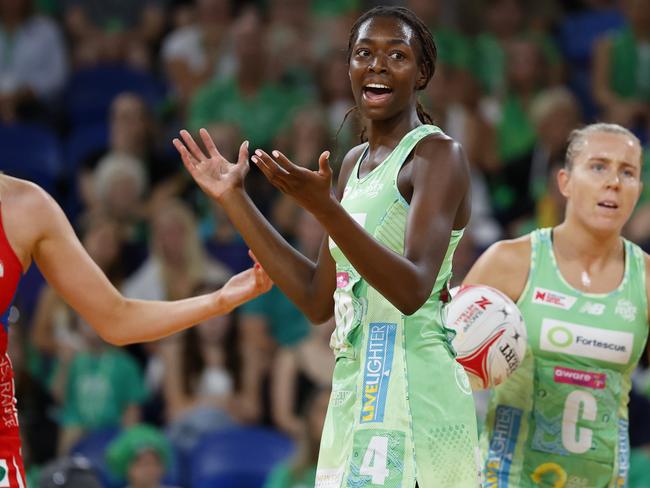 PERTH, AUSTRALIA - APRIL 06: Ruth Aryang of the Fever reacts after giving away a foul during the round one Super Netball match between West Coast Fever and NSW Swifts at RAC Arena, on April 06, 2025, in Perth, Australia. (Photo by James Worsfold/Getty Images)
