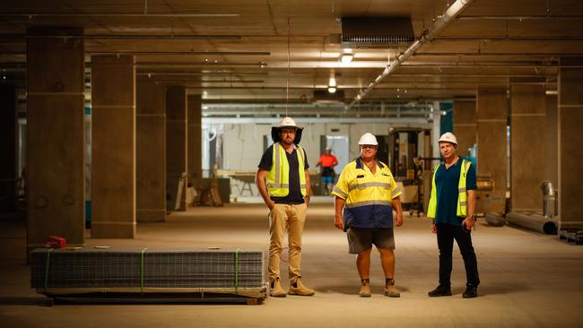 From left, David Deville, Tony Gable and Tomazos Group general manager, John Tomazos in the almost-completed State Square car park. Picture: Glenn Campbell