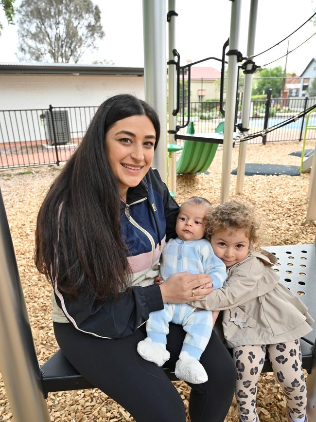 Torrensville mum Kydonia Canino with Katerina, two, and Gianni, eight weeks. Picture: Belinda Willis