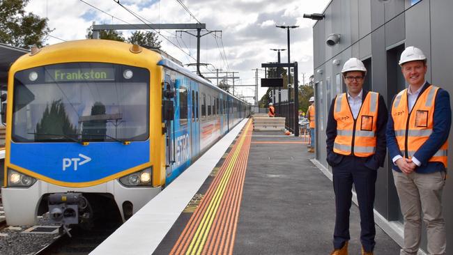 MPs Nick Staikos and Tim Richardson have a look at the new Southland Station. Picture: John Lindsay