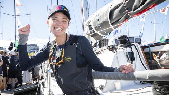 Jessica Watson after arriving at Hobart on-board the Azzurro. Picture: Chris Kidd