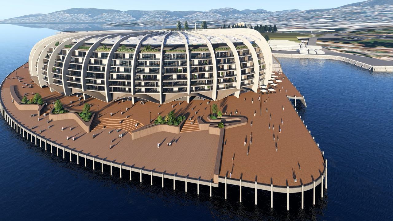 Concept drawings of a Macquarie Point Stadium which includes an outer shell of apartments, proposed by the Stadia Precinct Consortia. Picture: SolutionsWon