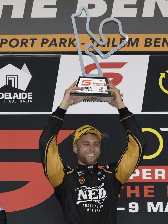 Andre Heimgartner wins his first Supercars race at the OTR SuperSprint The Bend in May last year.