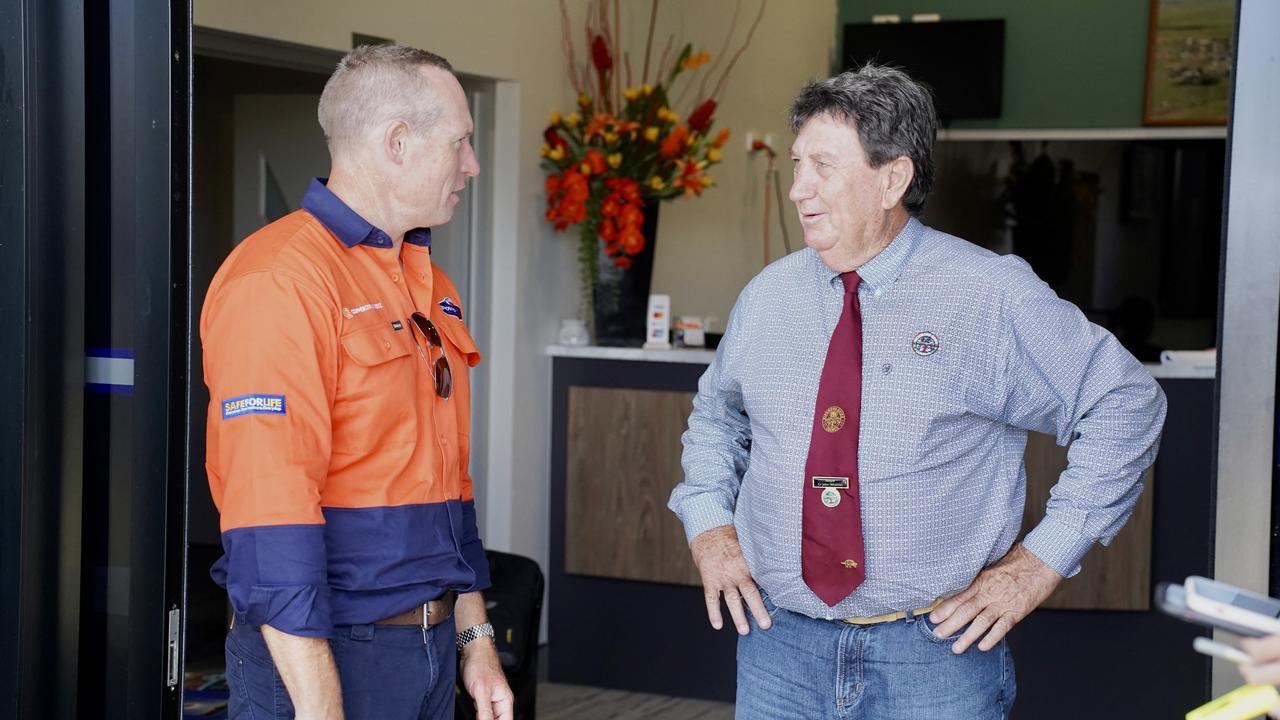 Energy Minister Mick de Brenni and Richmond Shire mayor John Wharton meeting at the council offices in Richmond recently about the CopperString project. Powerlink will provide more consultation to the Richmond Shire community next month. Picture: Supplied.