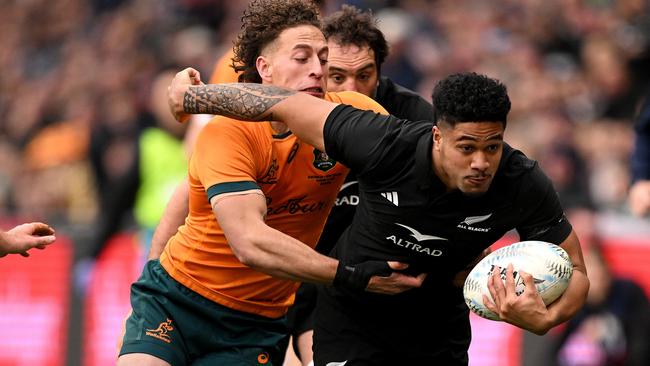 DUNEDIN, NEW ZEALAND - AUGUST 05: Leicester Fainga'anuku of New Zealand charges forward during The Rugby Championship & Bledisloe Cup match between the New Zealand All Blacks and the Australia Wallabies at Forsyth Barr Stadium on August 05, 2023 in Dunedin, New Zealand. (Photo by Joe Allison/Getty Images)