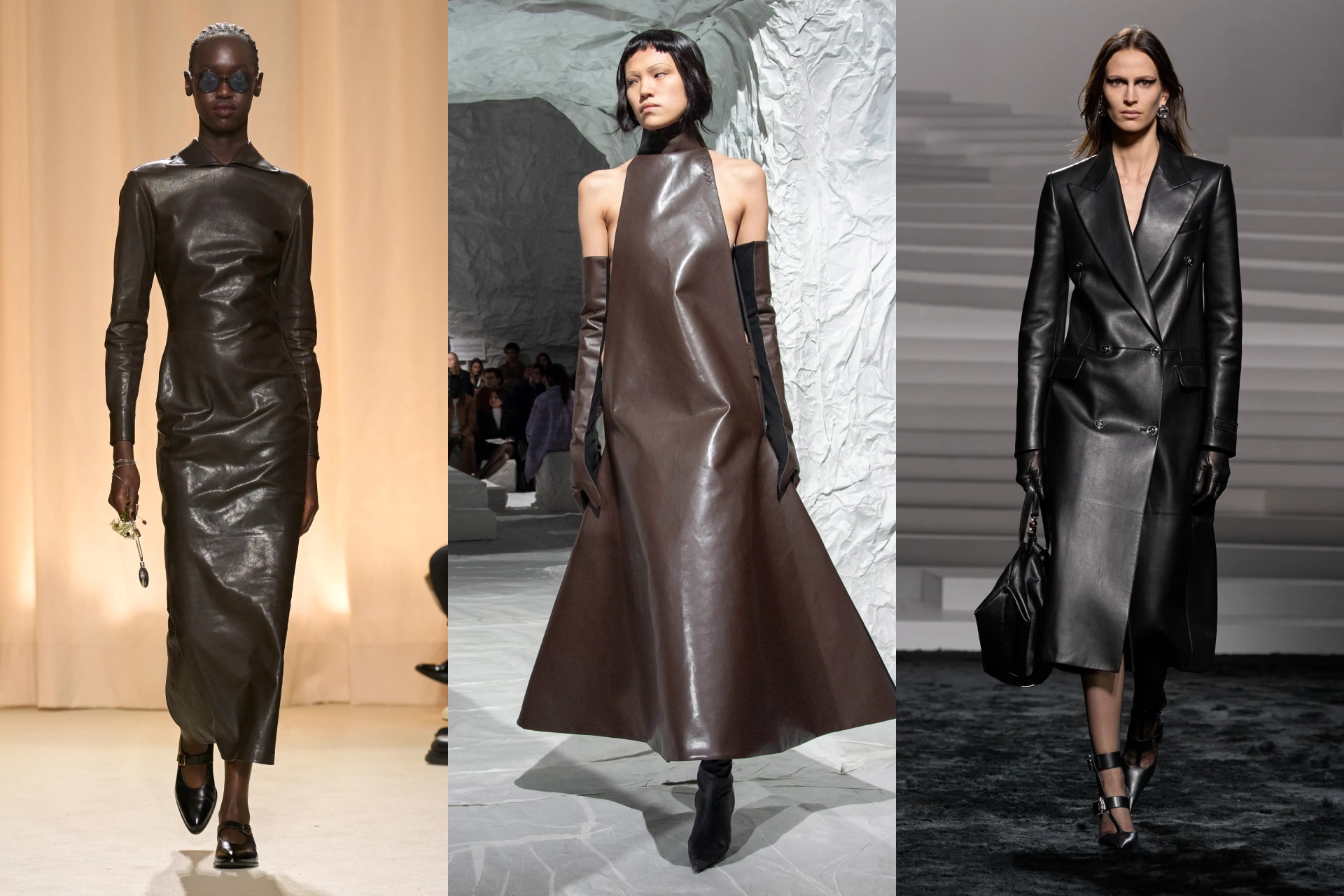 <p><i>Above (L-R): Bally, Marni, Versace</i></p><h2><b>Ladylike leather</b></h2><p>The lady, Milan declared this season, wears leather. This much was clear at shows like Ferragamo, Marni and Versace, where leather in deep hues came in cuts usually reserved for more anodyne fabrics: trapeze midi dresses and gloves, sweeping double-breasted coats, button-downs tucked into pencil skirts. The pattern continued at Bally and Tod&rsquo;s, where Bellotti and debutant Matteo Tamburini experimented with slim leather shifts and dresses, cut at the knees and cowled at the neck. Of course, it was Peter Hawkings at Tom Ford that turned up the dial on sensuality. His leather trench coats and bustier dresses were supercharged with dominatrix energy; they were the kind of clothes you imagine celebrities wear to be papped in, oversized sunglasses in tow.</p>