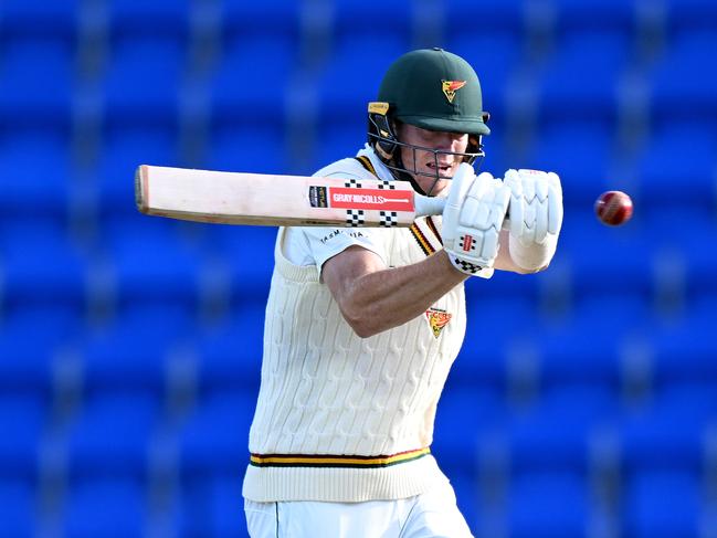 HOBART, AUSTRALIA - NOVEMBER 01: Mitch Owen of the Tigers bats during the Sheffield Shield match between Tasmania and Western Australia at Blundstone Arena on November 01 2024, in Hobart, Australia. (Photo by Steve Bell/Getty Images)