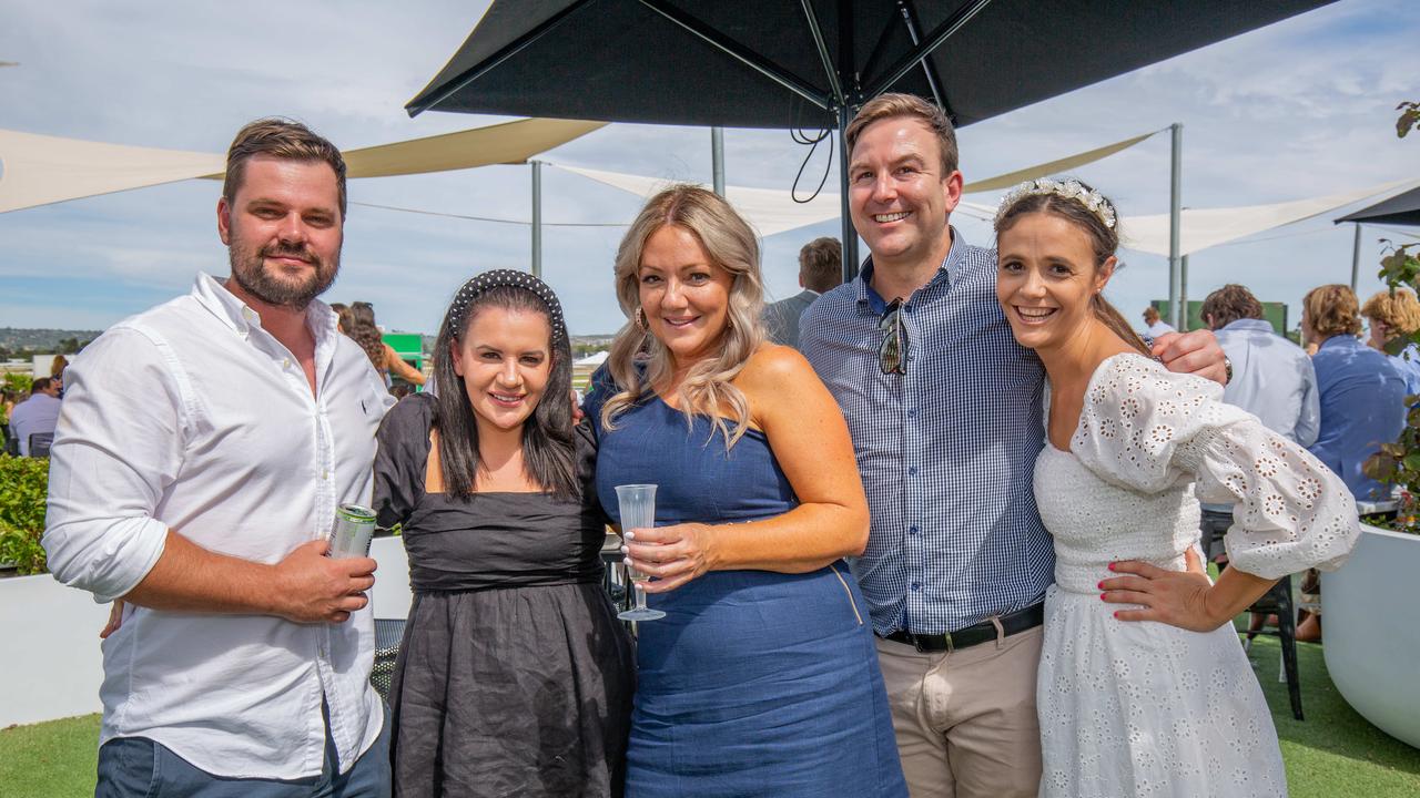 Joe Cummings, Kate McPherson, Amanda Gillies, Sam Blacker and Jane Shippey at the 2023 Adelaide Cup at Morphettville Racecourse. Picture: Ben Clark