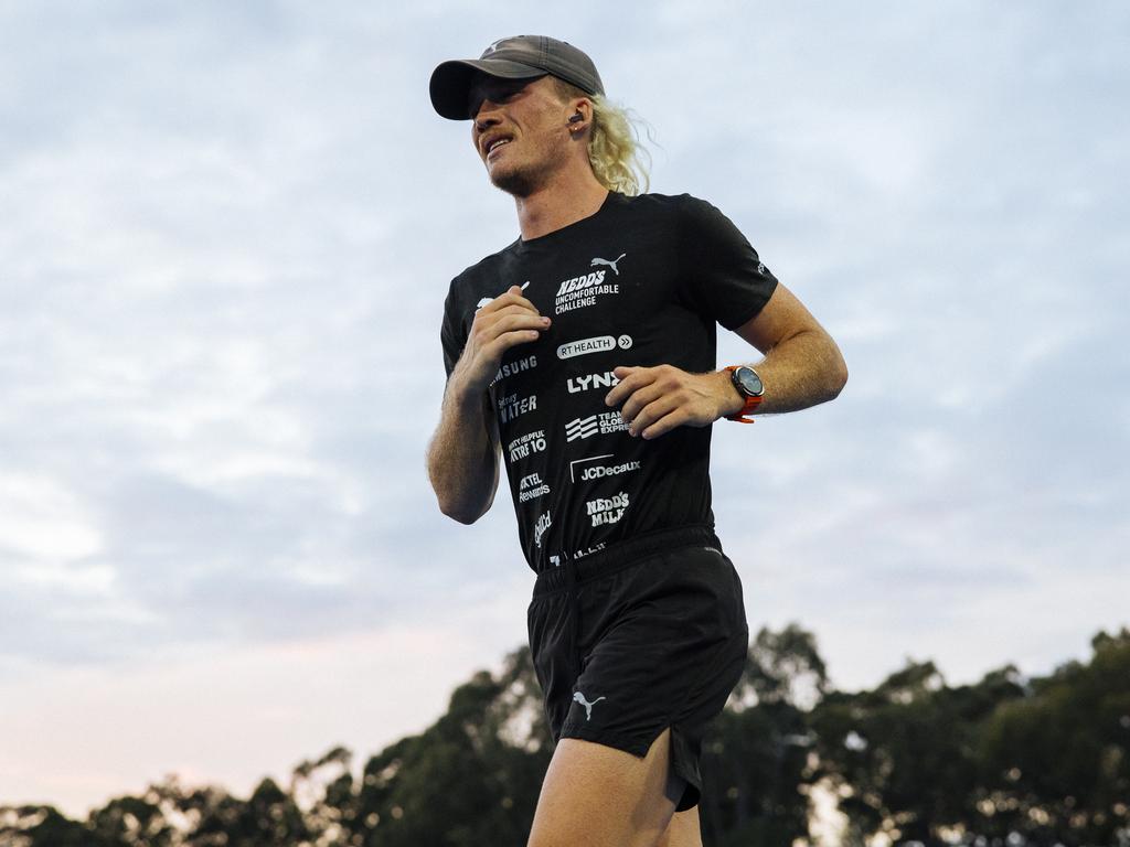 Nedd Brockmann completed his 1,000-mile or 1,609.34-kilometre run at 6:17 AM on Wednesday. Picture: Marty Rowney/Bursty