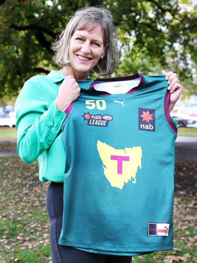 Greens leader Cassy O'Connor pictured in May 2022 joining the push for a Tassie AFL team. Picture: Nikki Davis-Jones