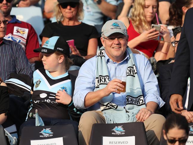 Prime Minister of Australia Scott Morrison during the Cronulla v Manly NRL match at PointsBet Stadium, Cronulla, on Sunday. Picture: Brett Costello