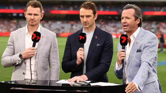 Hamish McLachlan (right), Patrick Dangerfield (left) and Jobe Watson (centre) on Channel 7. Pic: Michael Klein.