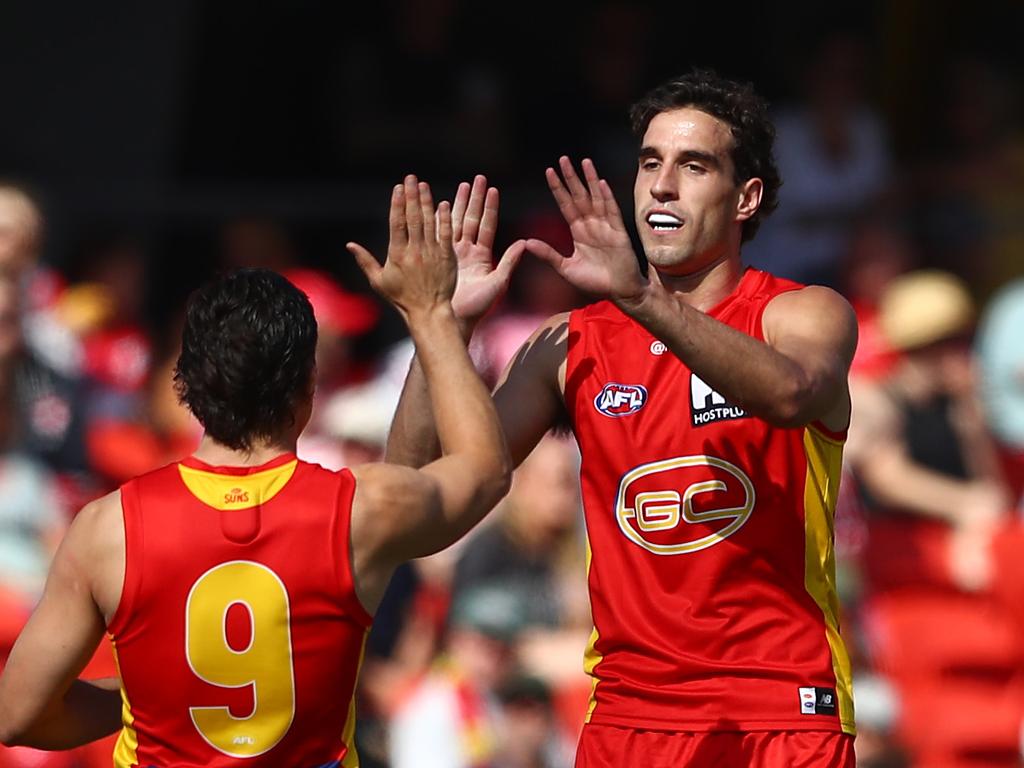 Ben King of the Suns celebrates a goal.