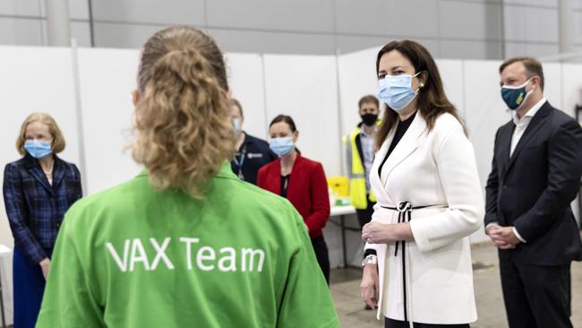 Queensland Premier Annastacia Palaszczuk walks through the new mass vaccination hub at the Brisbane Convention and Exhibition Centre. Picture: Sarah Marshall