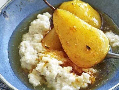 Poached pears with vanilla and coconut rice made in the slow cooker.