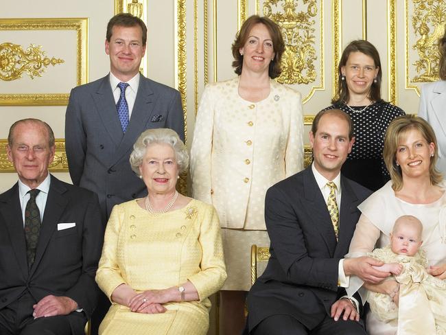 Lord Ivar Mountbatten (back row, left) is pictured with the Queen and Prince Phillip at Prince Edward and Countess of Wessex’s child’s christening. Picture: Lichfield/Getty Images