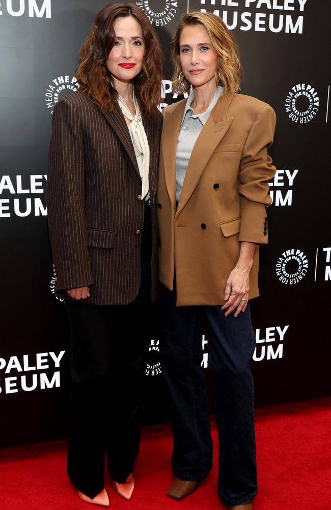 Rose Byrne reunited with Kristen Wiig to moderate an event promoting Wiig’s new show Palm Royale. They both looked schmick and on-trend tailored - no notes - we can only hope the speeches were as cringe as they were in Bridesmaids. Picture: Getty Images via AFP)