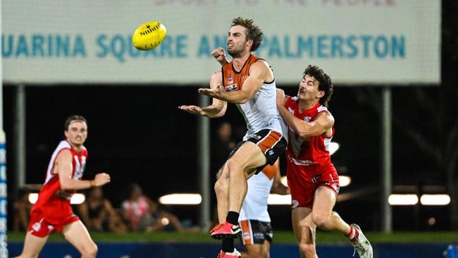 Dylan Landt flies for the ball in the NT rep match against South Fremantle. Picture: Patch Clapp / AFLNT Media