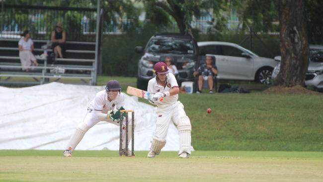 Liam Bahemia in the AIC First XI cricket between St Peters Lutheran College and St Laurence’s College. Saturday February 10,2024.