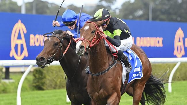 Little Cointreau and Nash Rawiller holds off Nanshe and James McDonald (third) during their premiership duel at Randwick Kensington on Wednesday. Picture: Bradley Photos