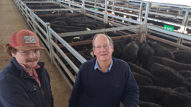 Jarrad MacDonald and Peter Allen from South Boorook at Mortlake sold a run of black baldy steers, 220-293kg, for 446-498c/kg at the Mortlake store cattle sale.