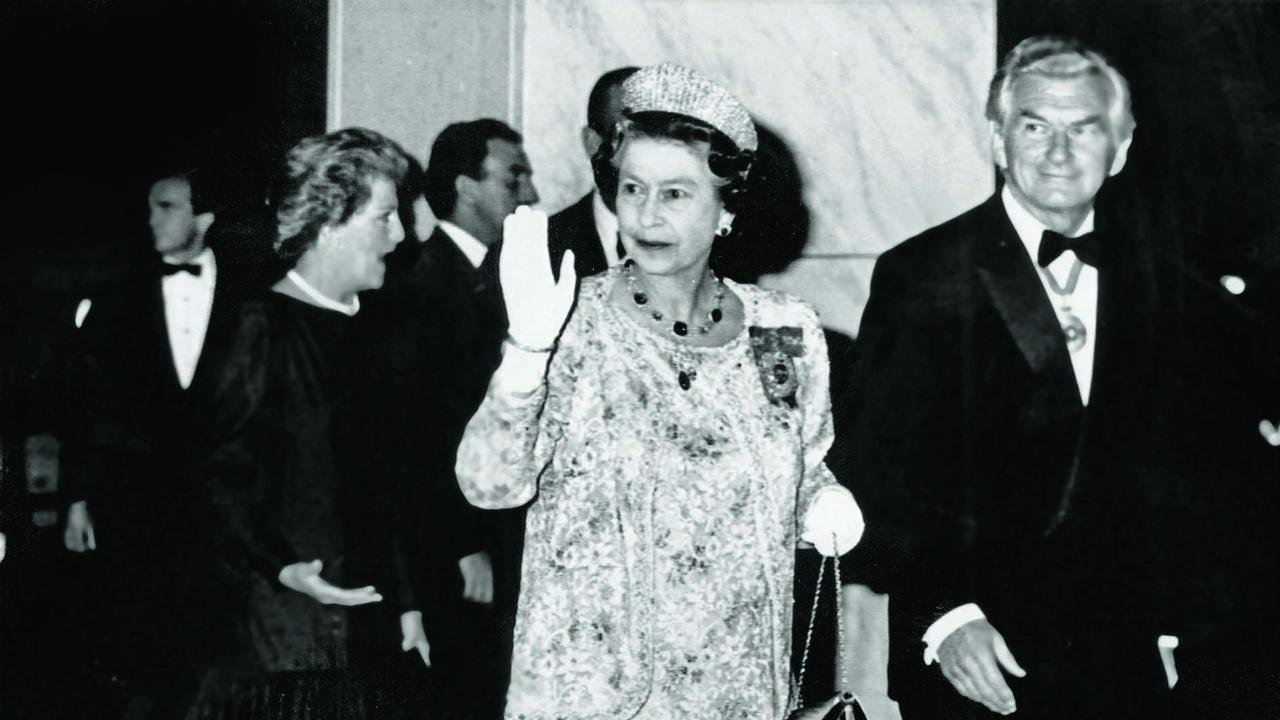 Queen Elizabeth during a royal tour with former PM Bob Hawke in 1988.