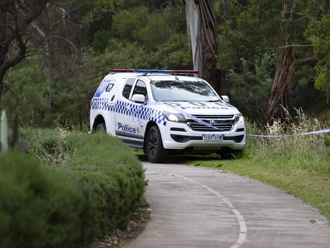 Police at the scene of the horror assault on the Merri Creek Trail. Picture: Sarah Matray