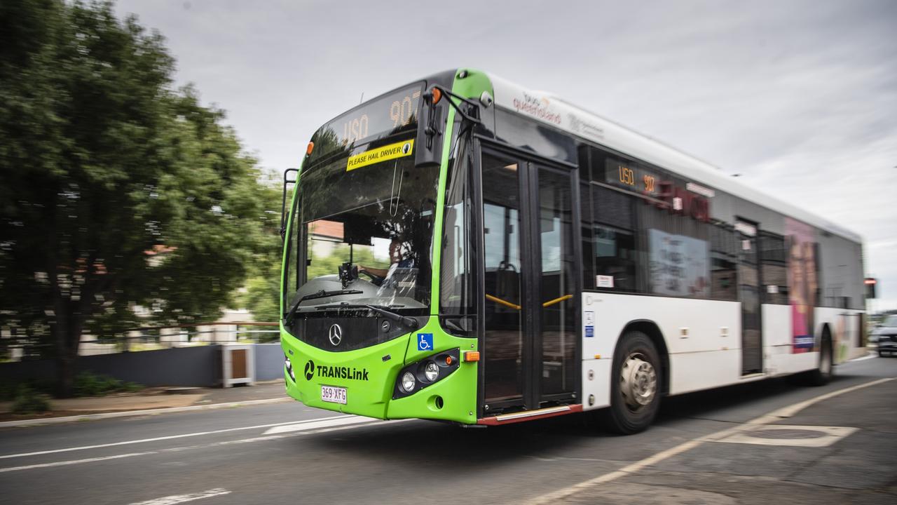 A TransLink Bus Queensland bus is driven on a Toowoomba CBD street. Picture: Kevin Farmer