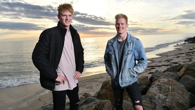 John Noble (right) with his twin brother, South Adelaide player Mark Noble. Picture: Keryn Stevens