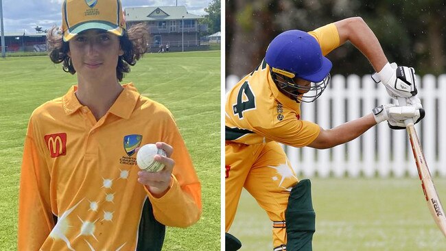 North Coastal Cricket Zone player Harry Kershler (left) after taking 5-22 in the Bradman Cup and (right) Lismore’s Kai Dalli at the crease in the Bradman Cup. Pictures: North Coastal Cricket/Supplied