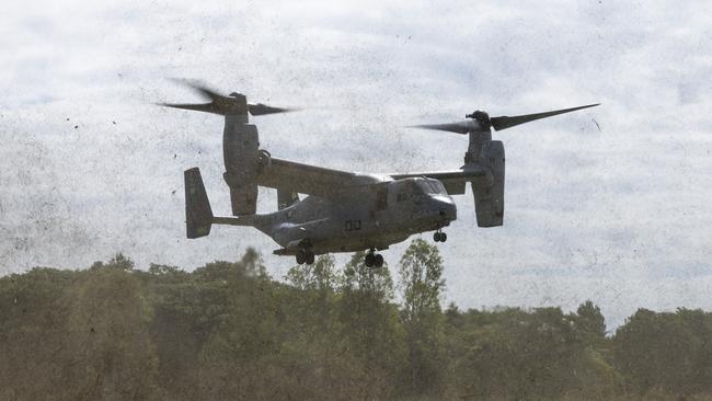 North Queensland Warfighter multi-nation military exercises in the Ingham region. A United States Marine Corps MV-22B Osprey prepares to land during the North Queensland Warfighter Exercise in Ingham, Queensland. Picture: Suppied.