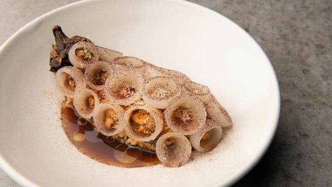 Smoked eggplant with muhammara, walnuts and onion at Gerard's Bistro, Fortitude Valley. Picture: Supplied