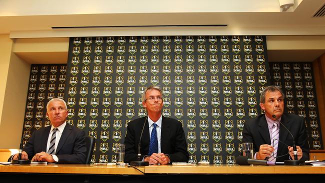 Then News Limited CEO John Hartigan, left, NRL boss David Gallop and Melbourne Storm chairman Rob Moodie hold a press conference as the sanctions against the club were announced