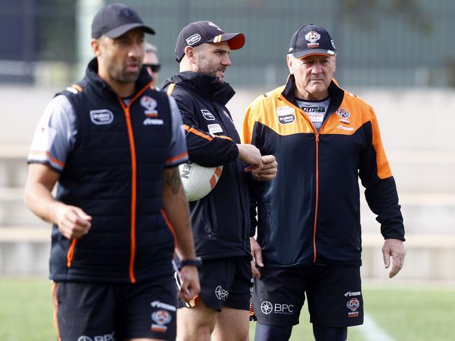 Benji Marshall, Robbie Farah and Tim Sheens at Wests Tigers training. Picture: Richard Dobson