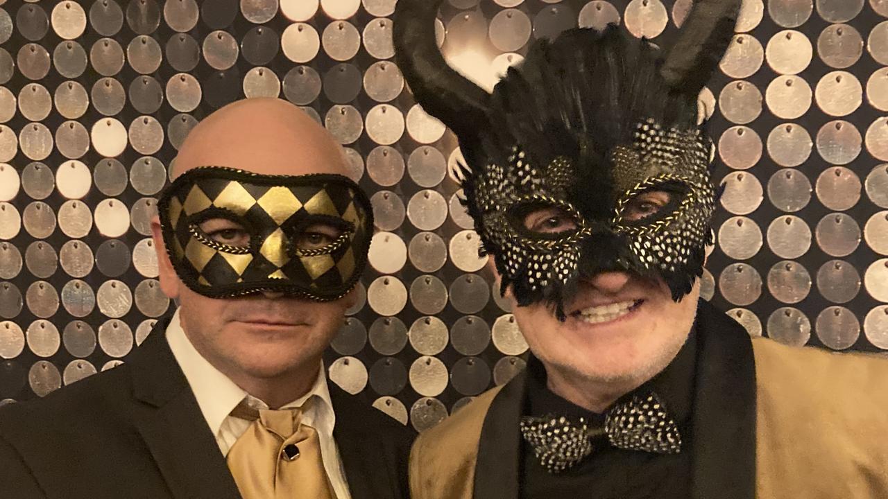 Bilko and Sean Connelly celebrate at the Gympie RSL Masked Ball, April 29 2023.