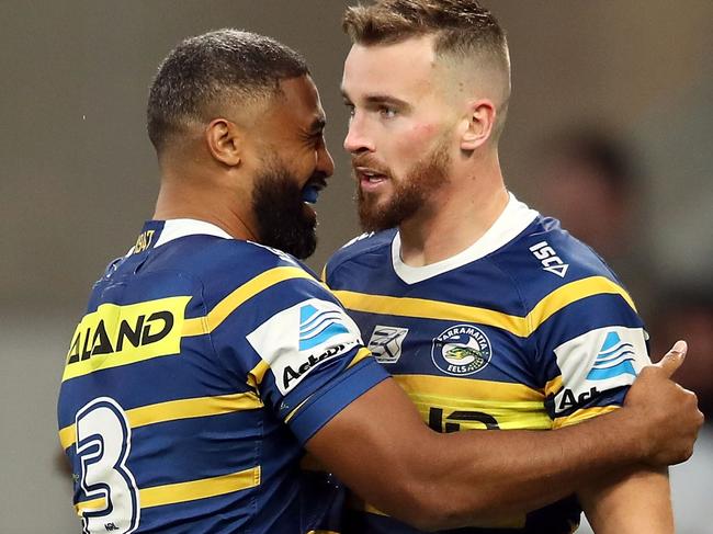 SYDNEY, AUSTRALIA - MAY 05: Michael Jennings and Clint Gutherson of the Eels celebrate Clint Gutherson scoring a try during the round eight NRL match between the Parramatta Eels and the St George Illawarra Dragons at Bankwest Stadium on May 05, 2019 in Sydney, Australia. (Photo by Mark Kolbe/Getty Images)