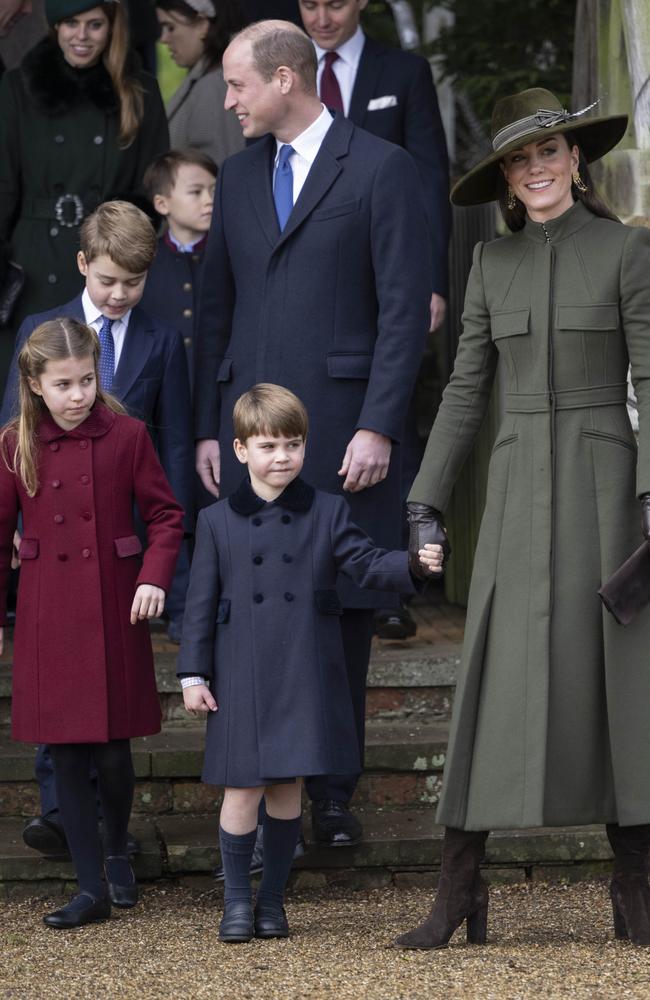 The Waleses were the picture perfect family as they chatted to well wishers outside the church. Picture: UK Press Pool/UK Press via Getty Images