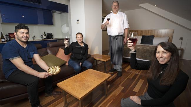 Syra restaurant manager Ibraham Assi, Salamanca Wharf Hotel general manager Anthea Pritchard, Blue Eye Seafood owner Joff Jennings and RHH Research Foundation grant recipient Liesel FitzGerald at the Salamanca Wharf Hotel. Picture CHRIS KIDD