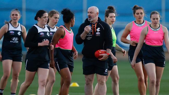 MELBOURNE, AUSTRALIA - OCTOBER 19: Daniel Harford, Senior Coach of the Blues in action during the Carlton Blues AFLW training session at Ikon Park on October 19, 2021 in Melbourne, Australia. (Photo by Michael Willson/AFL Photos via Getty Images)