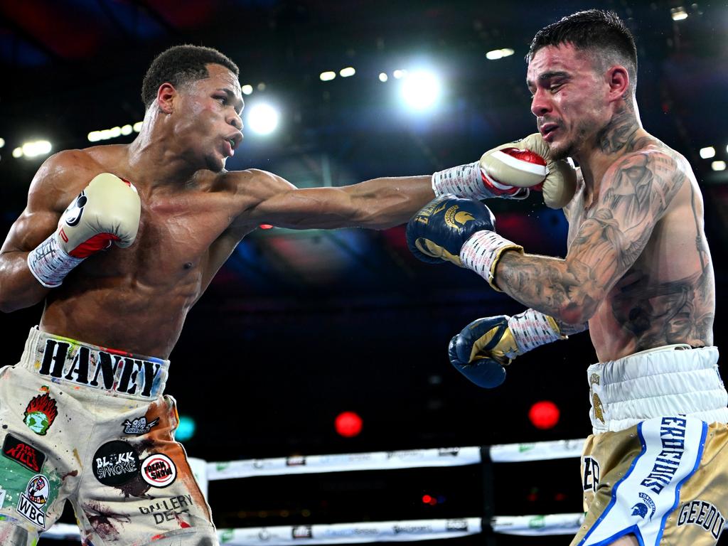 Devin Haney made light work of George Kambosos during their lightweight title fight in Melbourne. Picture: Getty Images
