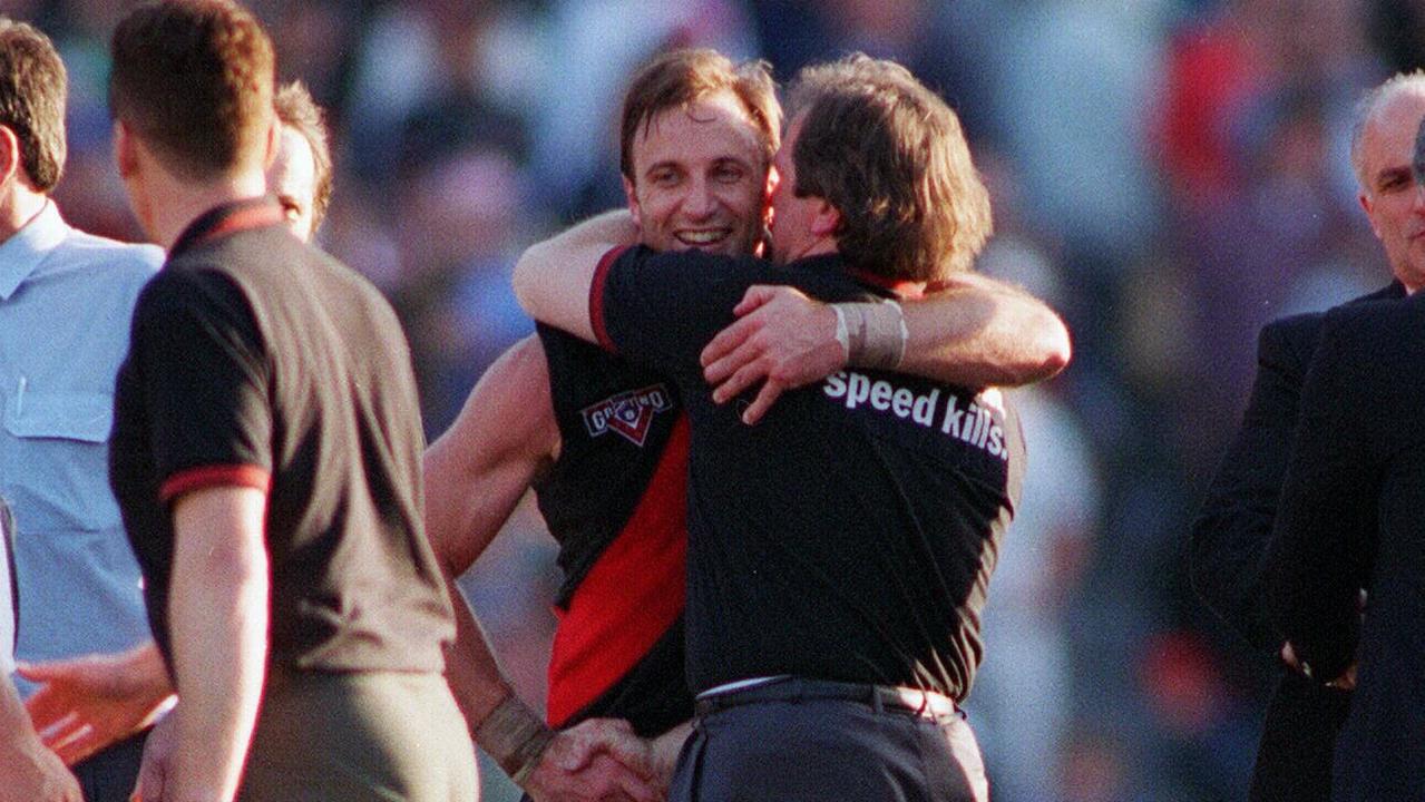 Coach Kevin Sheedy embraces Tim Watson. 1993 Grand Final. Essendon v Carlton. MCG.