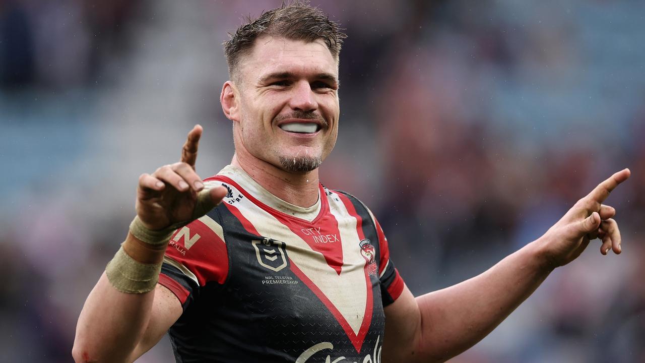 SYDNEY, AUSTRALIA - JULY 07: Angus Crichton of the Roosters pretends to conduct spectators singing during the round 18 NRL match between Sydney Roosters and St George Illawarra Dragons at Allianz Stadium, on July 07, 2024, in Sydney, Australia. (Photo by Cameron Spencer/Getty Images)