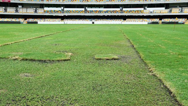 The Gabba turf has required some repairs after the Adele concerts. Picture: Liam Kidston