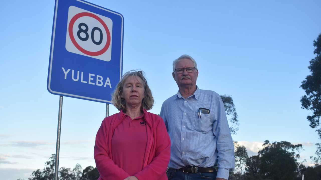 Karan Hibbs and Paul Masson of Yuleba want to see the speed limit reduced on the Warrego Highway through their town. Picture: Jorja McDonnell