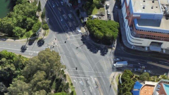 The intersection of Remembrance Dr and Clifford St at Surfers Paradise, the scene of the fatal crash on Monday night.