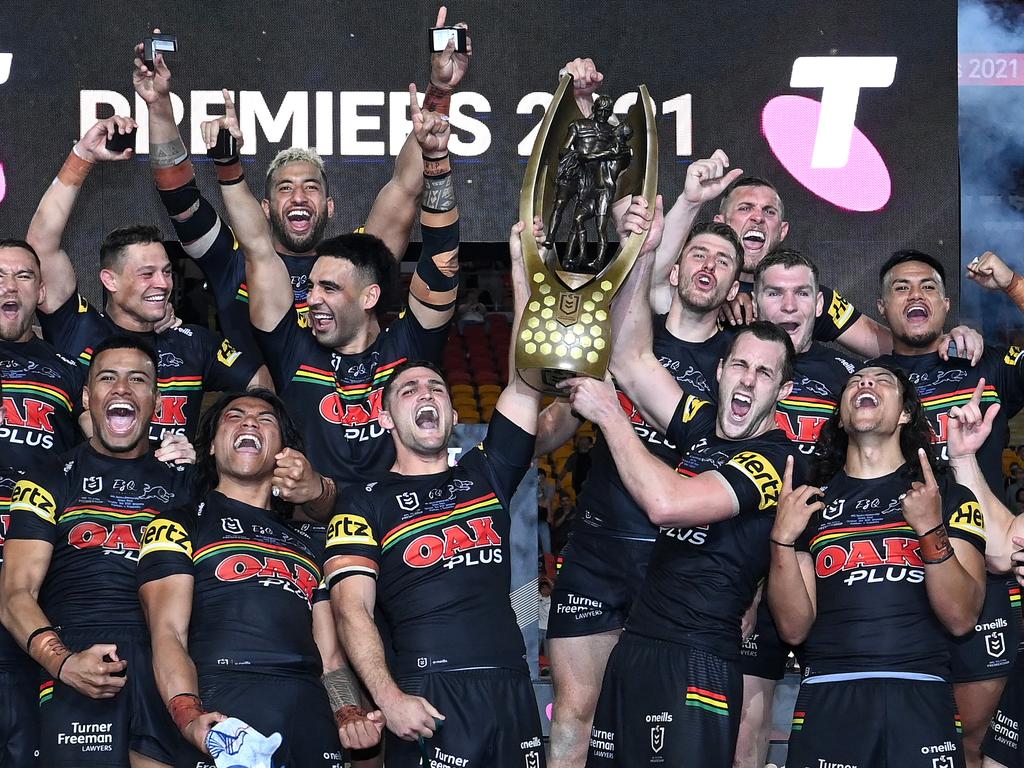 Penrith celebrate after beating South Sydney in the Grand Final. Picture: Bradley Kanaris/Getty Images