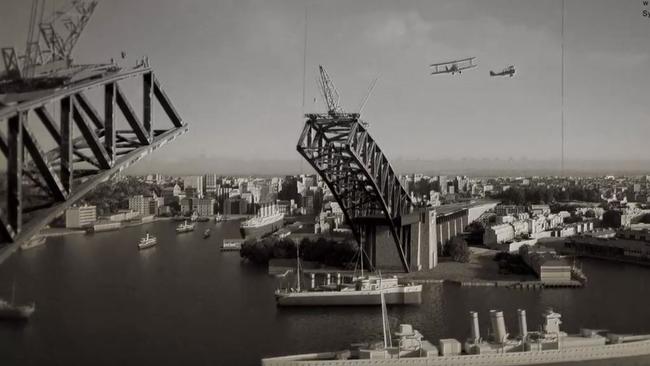 The Sydney Harbour Bridge being built in the 1930s. Picture: 3D rendering created by Arterra Interactive