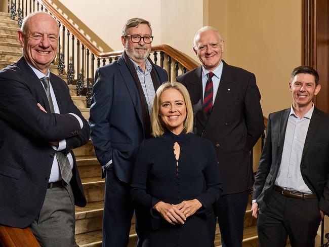 Reverend, Tim Costello, Professor Paul Arbon, Channel 7's Jessica Adamson, Professor Leonard Notaras and ABC Reporter, Eric Tlozek in Adelaide, for the Fearless Conversations Investigator Lecture, Thursday, Sept. 8, 2022. Picture: MATT LOXTON